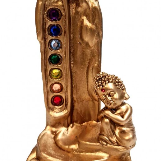Incensário Buda Bebê Chakras 16 cm Resina Strass Colorido Dourado