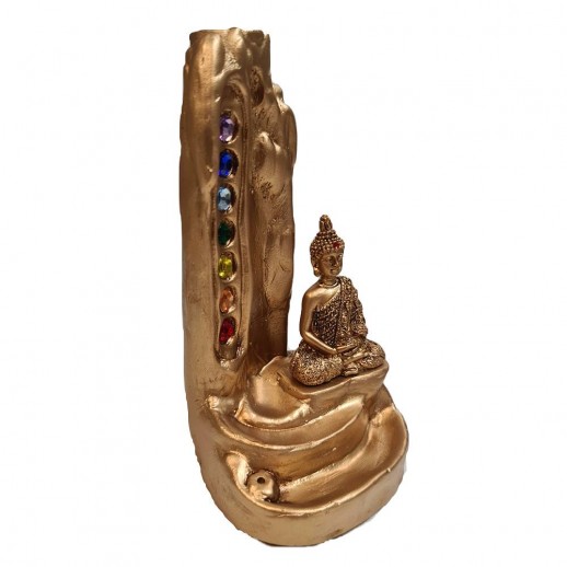 Incensário Buda Chakras 16 cm Resina Strass Colorido Dourado