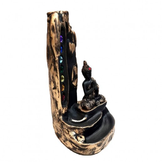 Incensário Buda Chakras 16 cm Resina Strass Colorido Dourado e Preto