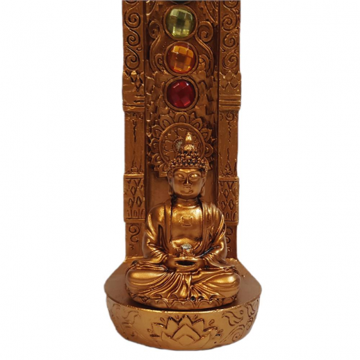 Incensário Buda Chakras 23 cm Resina Strass Colorido Dourado