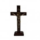 Crucifixo 12 Cm Madeira Escura São Bento Dourado Mesa e Parede com Pedestal