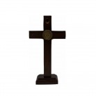 Crucifixo 12 Cm Madeira Escura São Bento Dourado Mesa e Parede com Pedestal