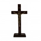 Crucifixo 19 Cm Madeira Escura São Bento Dourado Mesa e Parede com Pedestal