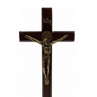 Crucifixo 19 Cm Madeira Escura São Bento Dourado Mesa e Parede com Pedestal