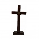 Crucifixo 19 Cm Madeira Escura São Bento Dourado Mesa e Parede com Pedestal