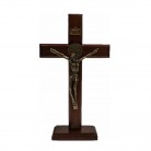 Crucifixo 26 Cm Madeira Escura São Bento Dourado Mesa e Parede com Pedestal