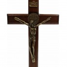 Crucifixo 26 Cm Madeira Escura São Bento Dourado Mesa e Parede com Pedestal