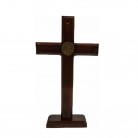 Crucifixo 26 Cm Madeira Escura São Bento Dourado Mesa e Parede com Pedestal