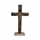 Crucifixo 26 Cm Madeira Escura São Bento Dourado Mesa e Parede com Pedestal