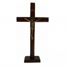 Crucifixo 36 Cm Madeira Escura São Bento Dourado Mesa e Parede com Pedestal